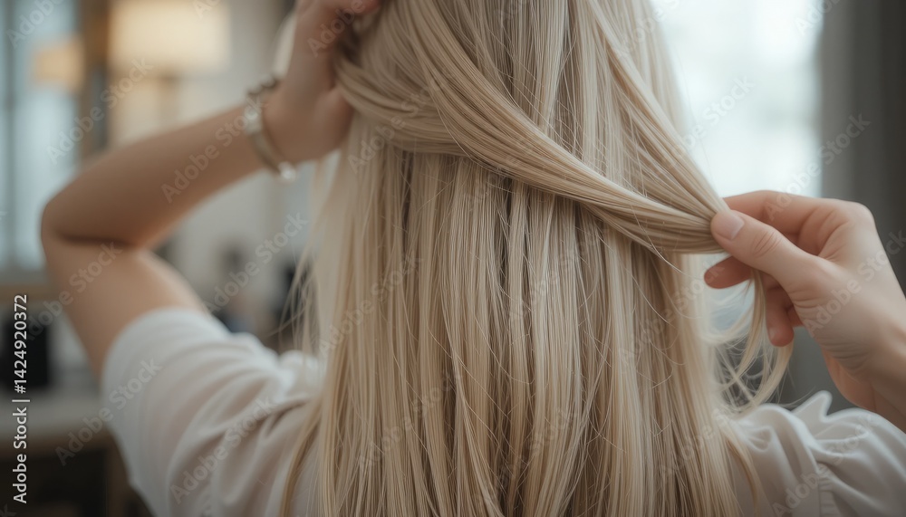 Fototapeta premium shot from behind, blond woman with long, straight hair showcases her glamour in a profile closeup, a beauty and fashion model