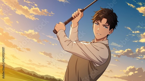 Young man playing golf outdoors du sunset with scenic background, wea casual attire and swinging club on golf course, relaxing evening sports activity