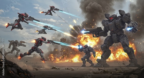 Intense futuristic battle scene featuring robots and mechanical soldiers engaged in combat with laser weapons and explosions creating a dramatic backdrop