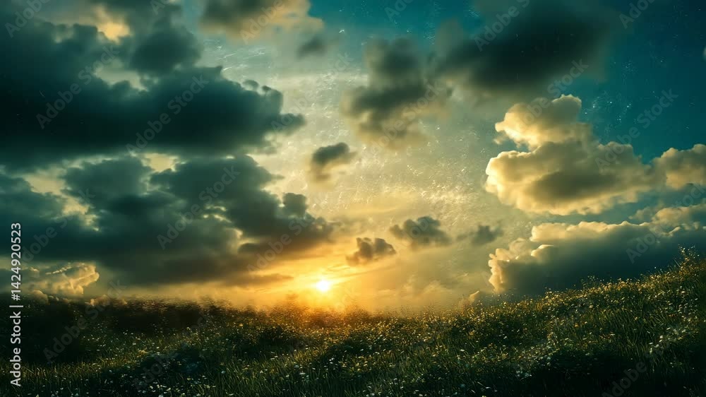 Meadow landscape glowing under cloudy dramatic sky at sunset, sunlight in horizon Meadow landscape glowing under cloudy dramatic sky at sunset, sunlight in horizon