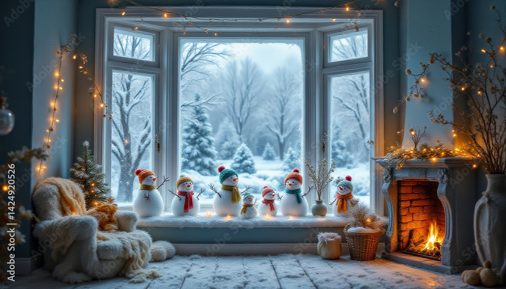 Fototapeta premium cozy wintry living room features cheerful snowmen by large window, adorned with twinkling lights and warm fireplace. snowy landscape outside adds to festive atmosphere