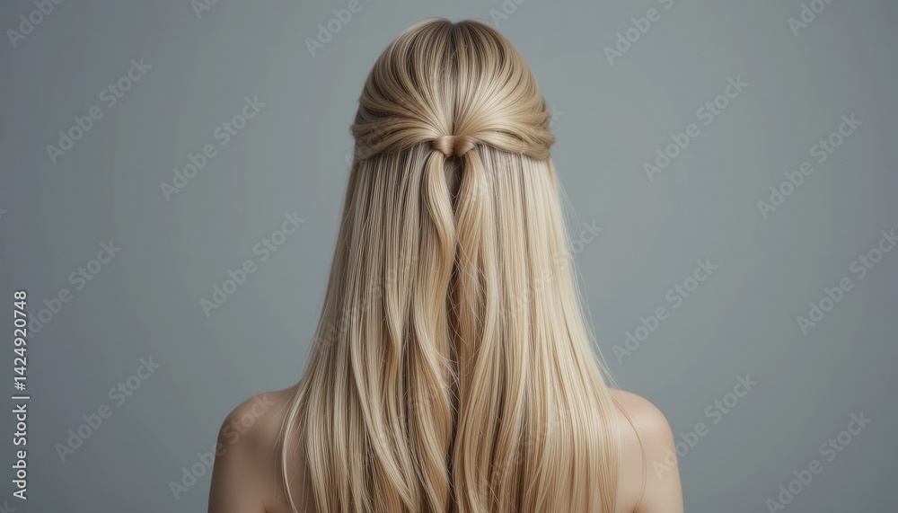 Naklejka premium shot from back. A blond woman with long, straight hair showcases her glamour in a profile closeup, a beauty and fashion model