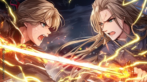 Intense fantasy battle scene with two armored warriors clashing with fiery magical weapons amid lightning effects and dark stormy sky, high energy confrontation