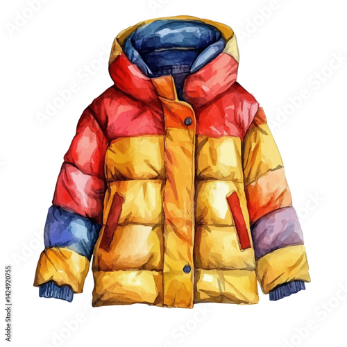 Long puffer jacket, watercolor illustration, isolated on a white background.


