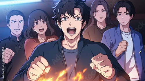 Dynamic anime characters expressing emotions with intense facial expressions and energetic gestures in a colorful animated style illustration