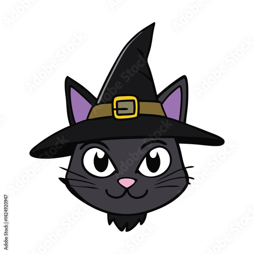 A black cat with a sleek, shiny coat, sharp pointy ears, and a classic, tall witch’s hat perched on its head, exuding a mystical, mysterious aura. Perfect for Halloween!