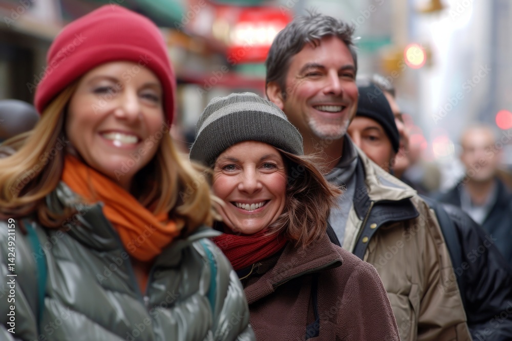 Group of happy people walking in the city. Selective focus. Group of happy people walking in the city. Selective focus.