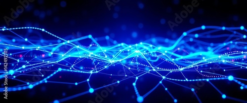 Abstract blue glowing network, digital data streams, tech background, connection, light