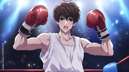Intense anime style male boxer in a boxing with red gloves and sweat, ready for fight, energetic sport scene with dramatic lighting and dynamic pose