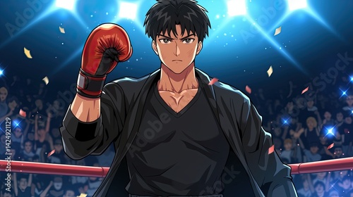 Dynamic anime style male boxer wea gloves and focused expression in boxing at night with energetic crowd and bright spotlights background