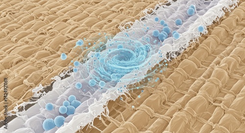 Microscopic view of fabric with cleaning action showcasing stain removal and protection, with blue spheres and swirling effect, demonstrating advanced textile care technology