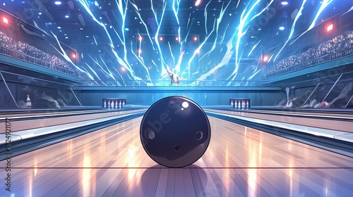 Dynamic futuristic scene of a black bowling ball on a shiny lane with vibrant lightning and energetic sparks in a high-tech sports arena with bright lights and modern design