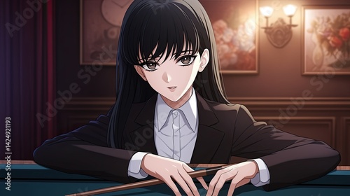 Elegant anime girl with long black hair and white shirt sitting at a desk in a luxurious room with warm lighting and decorative paintings on the wall