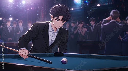 Young man in formal attire playing billiards at a lively social event with dancing and conversation in the background, evening party, night scene, animated style