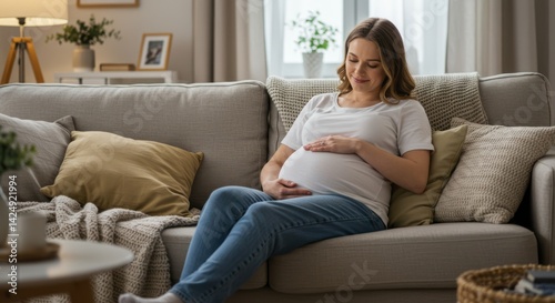 Pregnant woman relaxing on sofa at home anticipating motherhood and new life with a tender smile, enjoying the comfort of her living room