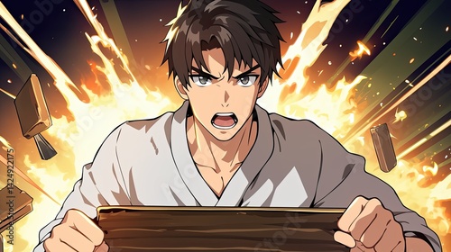 Intense young male anime character with short dark hair and angry expression wielding wooden staff surrounded by fiery explosion in dynamic action scene