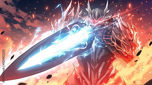 Powerful anime style character with glowing sword and fiery dragon head in dynamic battle scene with intense flames and sparks in vivid colors animated illustration