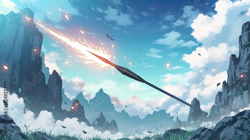 Epic fantasy landscape with mountain valleys lush greenery futuristic flying arrow launched from a high cliff against blue sky with clouds and distant mountains art style