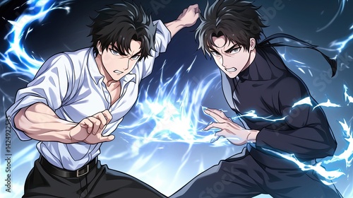 Dynamic anime style illustration of two young male characters engaged in an intense electrical battle with lightning effects and dramatic expressions