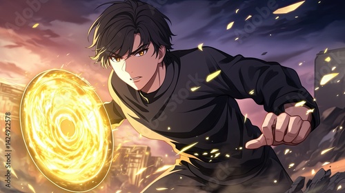 Dynamic anime style illustration of a powerful male character summoning a glowing energy portal with intense glowing effects under a dramatic sunset sky