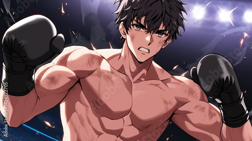 Intense young male boxer with black hair and muscular physique prepa for fight in a dynamic dark boxing with bright lights and motion blur