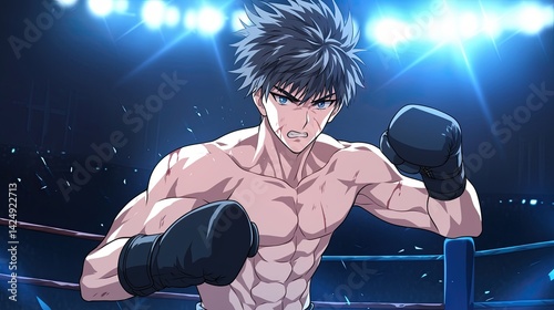 Intense male boxer with muscular physique and spiky hair in a boxing , ready to fight with clenched fists, dramatic spotlight lighting, and focused expression