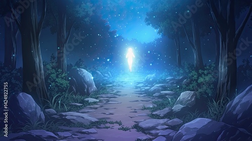 Mystical forest scene at night with glowing pathway and bright luminous light radiating from the horizon amidst tall trees and lush greenery