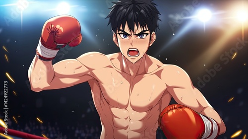 Intense young male boxer with black hair and muscular physique wea red gloves in boxing du match under bright spotlight with crowd background