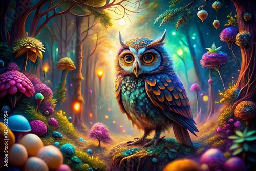 Surreal Owl in Dreamlike Forest: Whimsical Clip Art Style Stock Photo