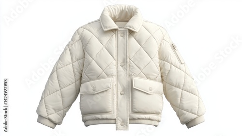 Cream quilted bomber jacket, studio shot.