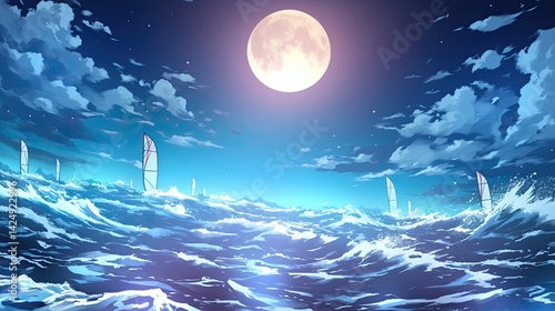 Vibrant surreal ocean scene with a luminous full moon illuminating high waves under dramatic cloud-filled night sky with futuristic sailboats in the distance