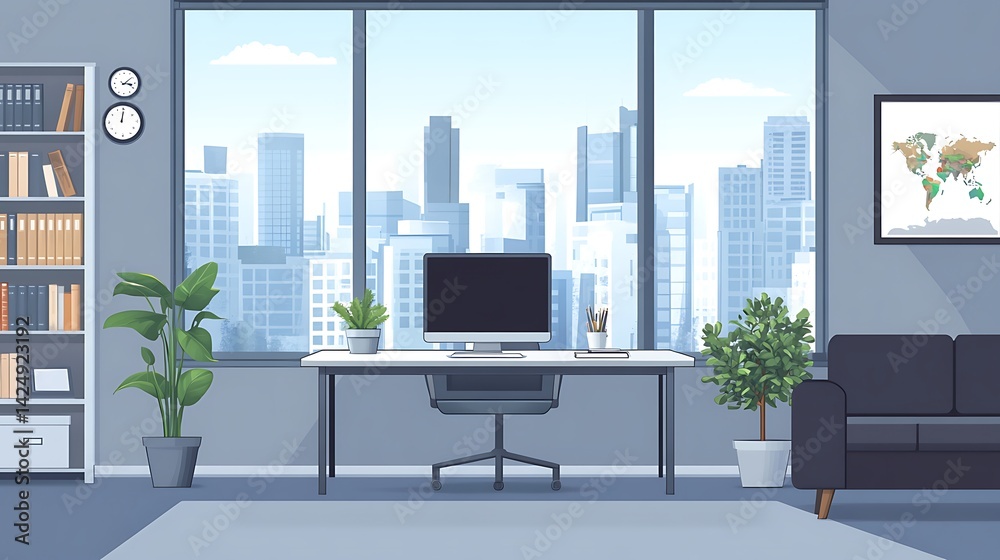 Naklejka premium Modern Office with City Skyline View, Modern office with a city view, featuring a desk, computer, and plants