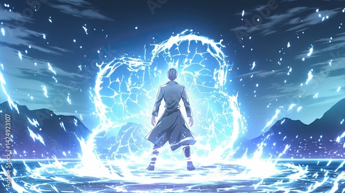 Dynamic fantasy scene of a powerful figure summoning energy with glowing lightning and electric arcs in a mystical landscape with mountains and dark sky