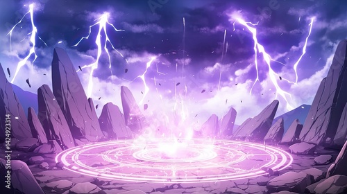 Futuristic sci-fi landscape featu vibrant purple lightning storms over rocky mountains and a glowing circular energy in a mysterious alien environment