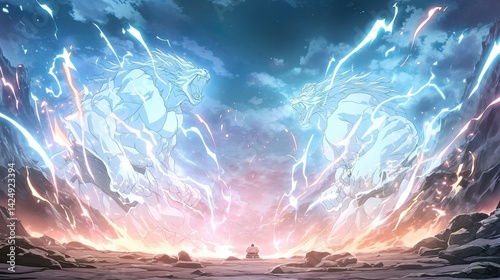 Epic fantasy scene showcasing a massive powerful dragon emerging from a stormy sky with lightning bolts and fiery clouds, creating a dramatic and intense atmosphere