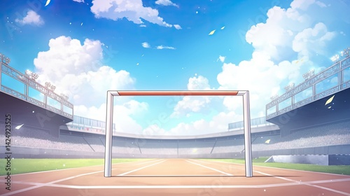 Empty sports stadium with a large goalpost on a sunny day showcasing an open-air arena with modern stands and vibrant blue sky background