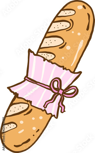 Illustration of a Baguette Wrapped in Ribbon, pastel farmer market