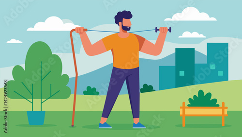 A man using a resistance band to do some light arm exercises in his backyard..