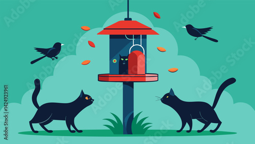 A hightech bird feeder equipped with motion sensors allowing cats to hunt for birds without actually harming any animals.. Vector illustration