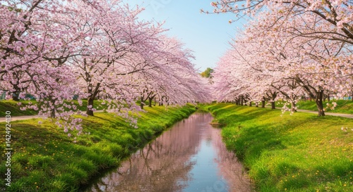 Serene cherry blossom trees line a canal in spring creating a beautiful landscape for travel and nature enthusiasts