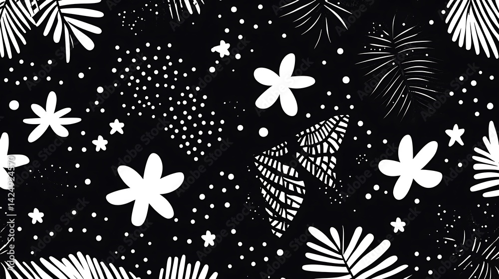 Monochrome botanical pattern design with stylized flora and astral dots