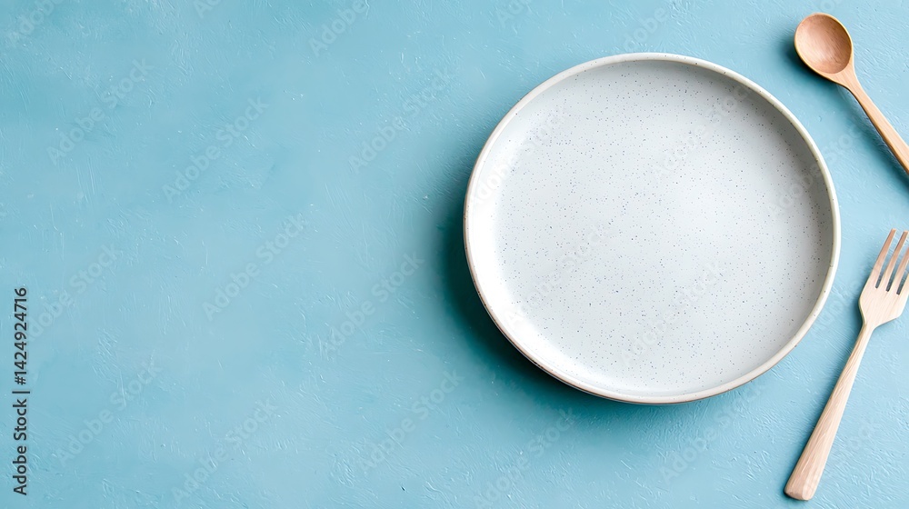 Top View of Handcrafted Round Ceramic Plate with Wooden Spoon and Fork on Blue Background Top View of Handcrafted Round Ceramic Plate with Wooden Spoon and Fork on Blue Background
