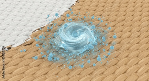 Stain removal with water vortex on textile surface shows cleaning effect and fabric protection for clothing and home upholstery to keep fabrics fresh