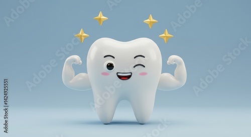Strong Healthy Tooth Cartoon Character Flexing Muscles with Sparkling Stars on Blue Background