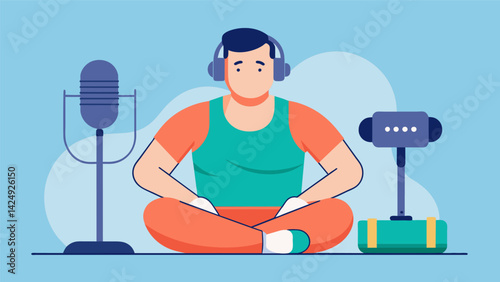 A man wearing workout gear sitting in front of a microphone sharing his personal journey of weight loss through consistent exercise on his fitness. Vector illustration