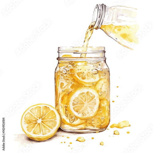 Lemonade being poured into a mason jar, watercolor illustration, isolated on a white background.

