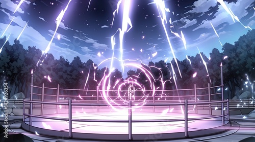 Futuristic energy vortex emitting lightning storms with vibrant purple and blue lightning strikes encircling a glowing portal on a platform in a mystical forest scene