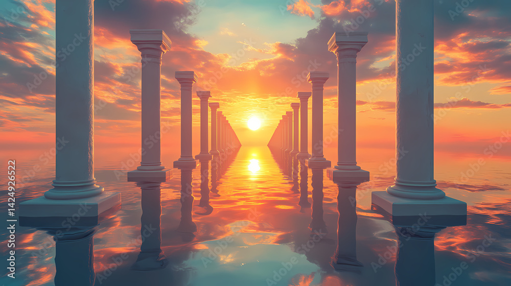 Naklejka premium Serene digital art depicting a pathway of pillars leading to a radiant sunset reflected in a tranquil, mirrored water. ideal for concepts of peace, journey, or future. Mirrored Pillar. Illustration