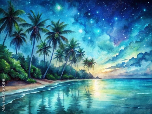 Tropical Beach Night Watercolor Painting: Starry Sky, Palm Trees, Calm Ocean