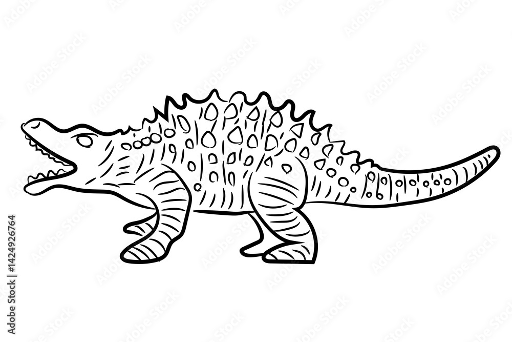 Artistic rendering of a prestosuchus with dorsal armor in side view. Prehistoric crocodile-like reptile of the Triassic period. Black and white illustration for coloring Artistic rendering of a prestosuchus with dorsal armor in side view. Prehistoric crocodile-like reptile of the Triassic period. Black and white illustration for coloring